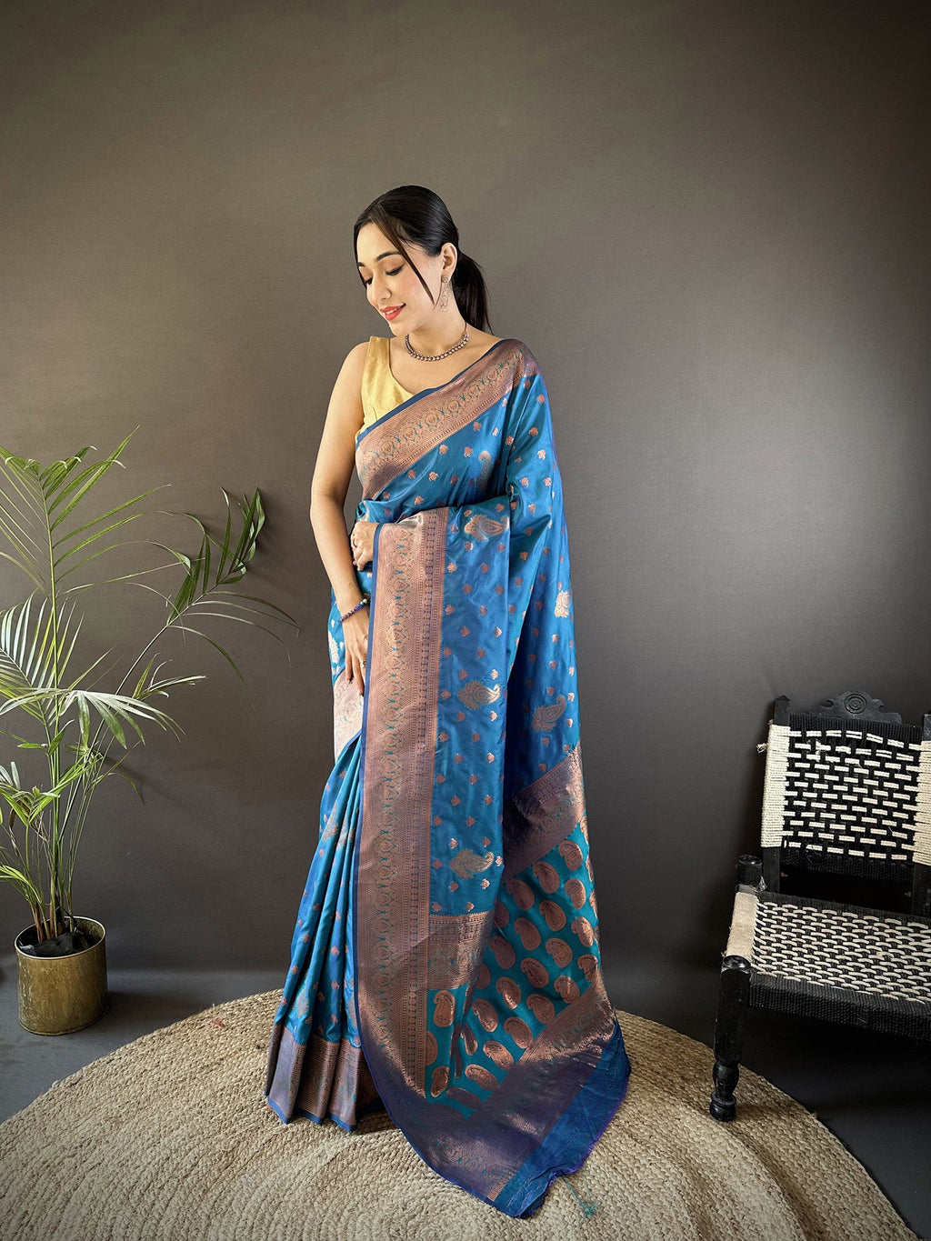 Elora Royal Blue Soft Silk Woven Copper Zari Weaving Banarasi Saree With Contrast Blouse | Grocsy