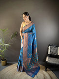 Elora Royal Blue Soft Silk Woven Copper Zari Weaving Banarasi Saree With Contrast Blouse | Grocsy