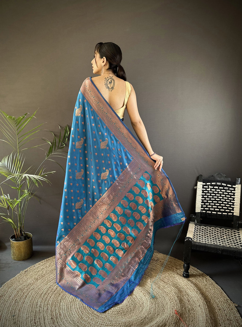 Elora Royal Blue Soft Silk Woven Copper Zari Weaving Banarasi Saree With Contrast Blouse | Grocsy
