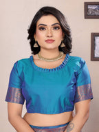 Elora Royal Blue Soft Silk Woven Copper Zari Weaving Banarasi Saree With Contrast Blouse | Grocsy