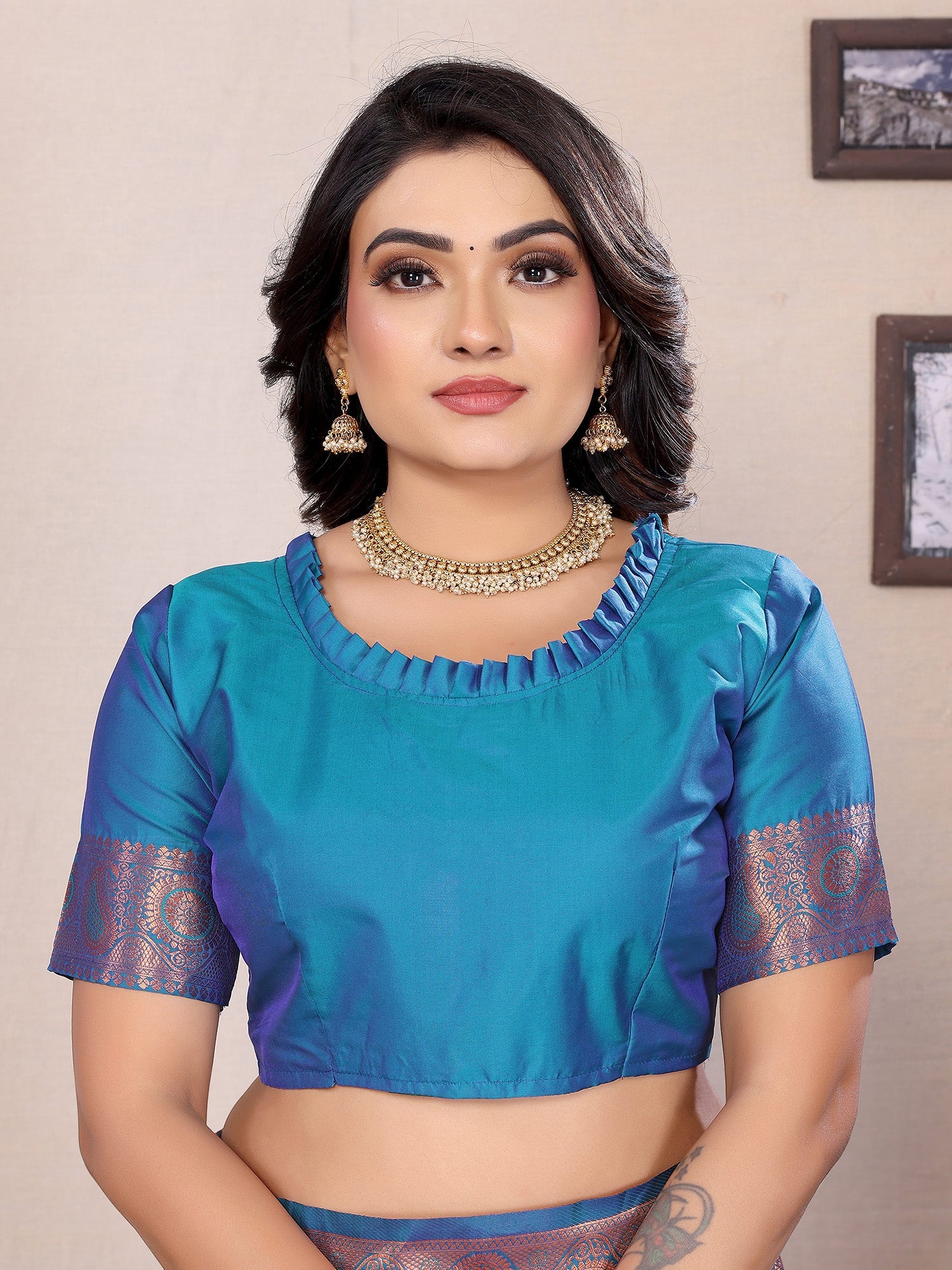 Elora Royal Blue Soft Silk Woven Copper Zari Weaving Banarasi Saree With Contrast Blouse | Grocsy