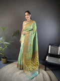 Elora Light Green Soft Silk Woven Copper Zari Weaving Banarasi Saree With Contrast Blouse | Grocsy