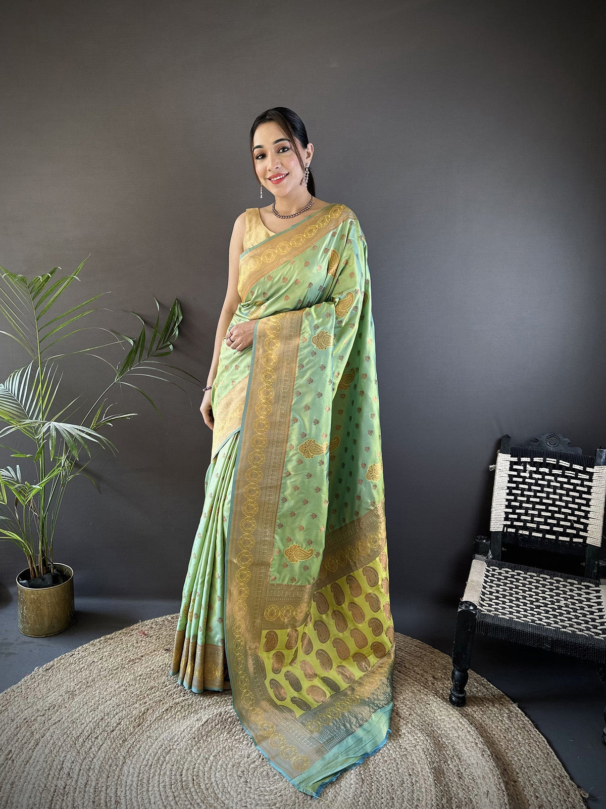 Elora Light Green Soft Silk Woven Copper Zari Weaving Banarasi Saree With Contrast Blouse | Grocsy