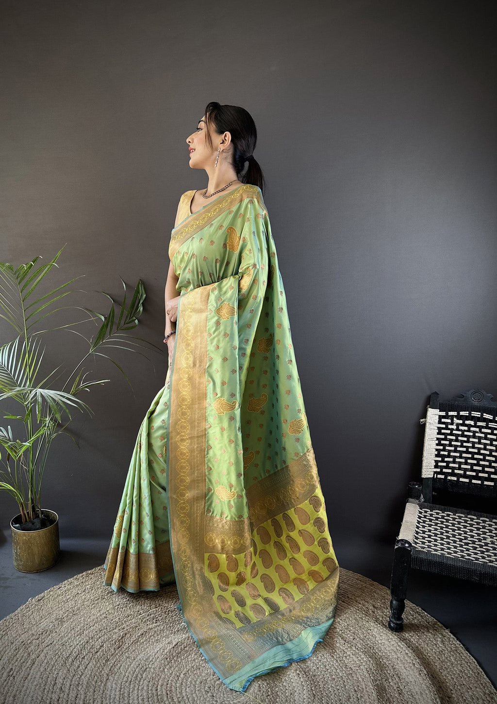 Elora Light Green Soft Silk Woven Copper Zari Weaving Banarasi Saree With Contrast Blouse | Grocsy