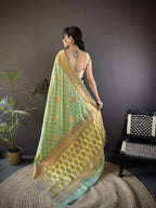 Elora Light Green Soft Silk Woven Copper Zari Weaving Banarasi Saree With Contrast Blouse | Grocsy