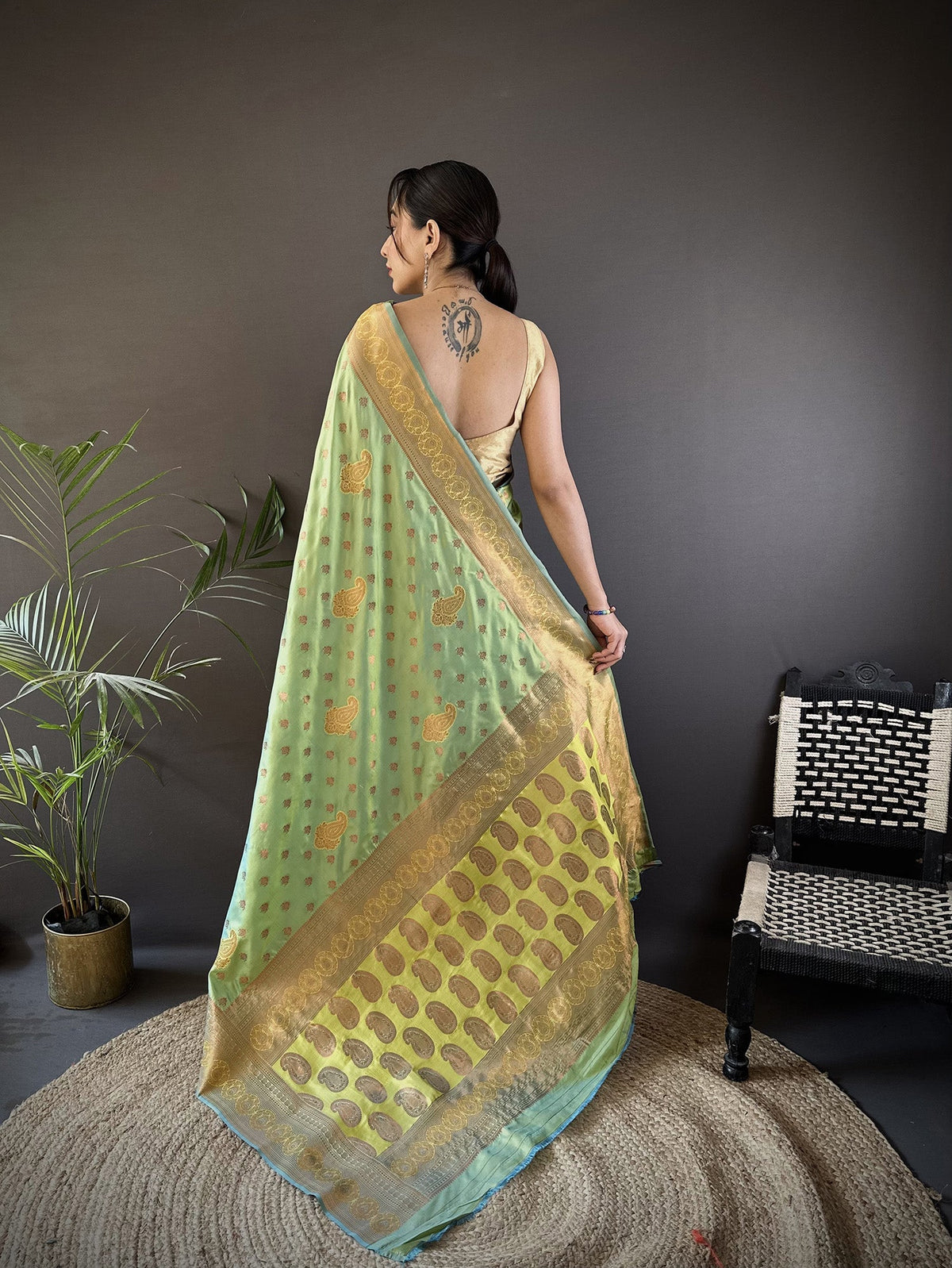 Elora Light Green Soft Silk Woven Copper Zari Weaving Banarasi Saree With Contrast Blouse | Grocsy