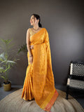 Elora Orange Soft Silk Woven Copper Zari Weaving Banarasi Saree With Contrast Blouse | Grocsy
