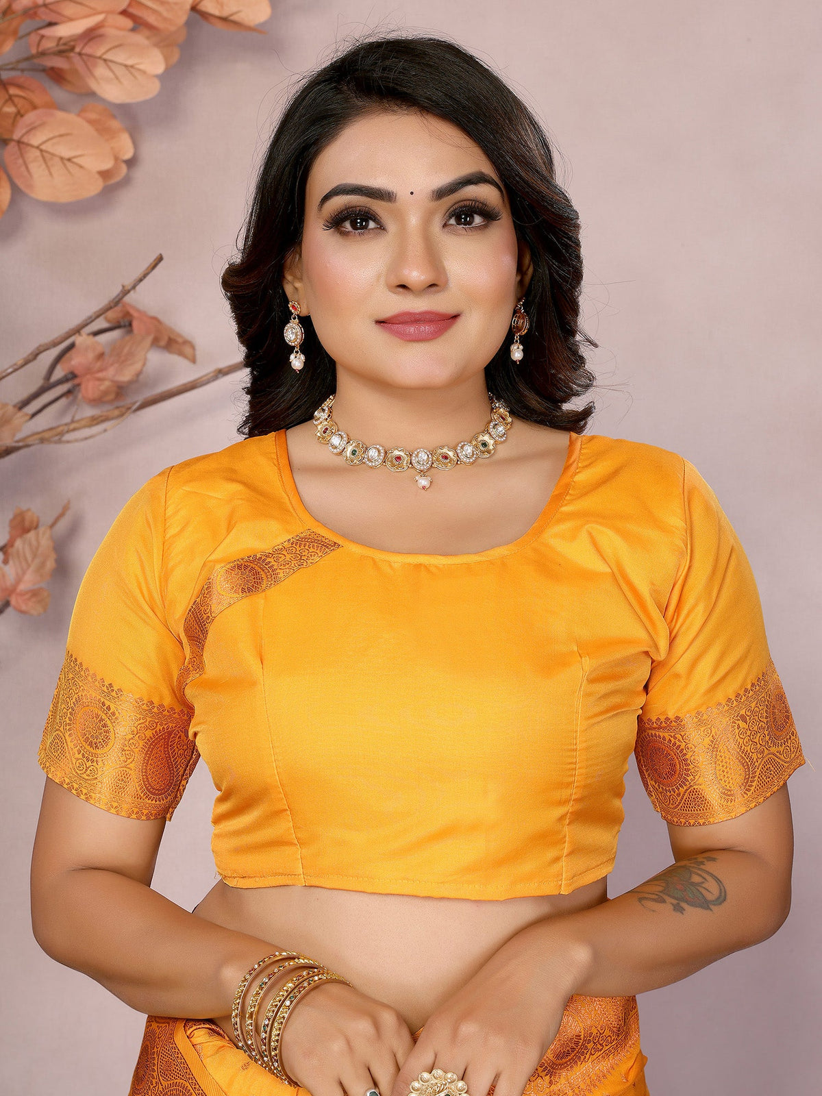 Elora Orange Soft Silk Woven Copper Zari Weaving Banarasi Saree With Contrast Blouse | Grocsy