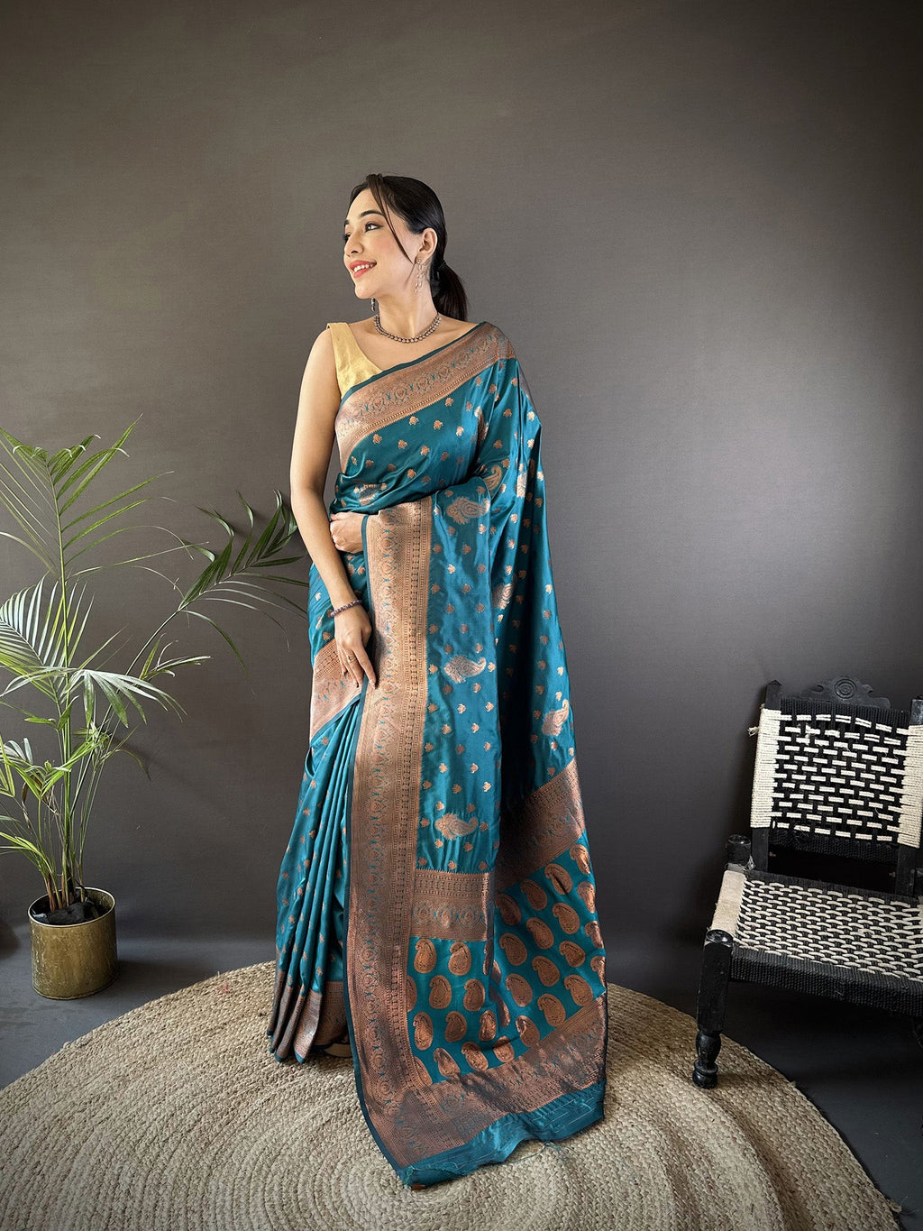 Elora Blue Soft Silk Woven Copper Zari Weaving Banarasi Saree With Contrast Blouse | Grocsy