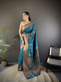 Elora Blue Soft Silk Woven Copper Zari Weaving Banarasi Saree With Contrast Blouse | Grocsy
