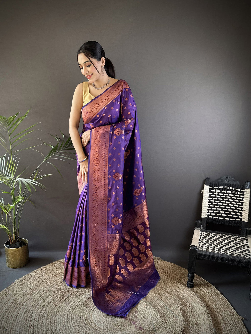 Elora Purple Soft Silk Woven Copper Zari Weaving Banarasi Saree With Contrast Blouse | Grocsy