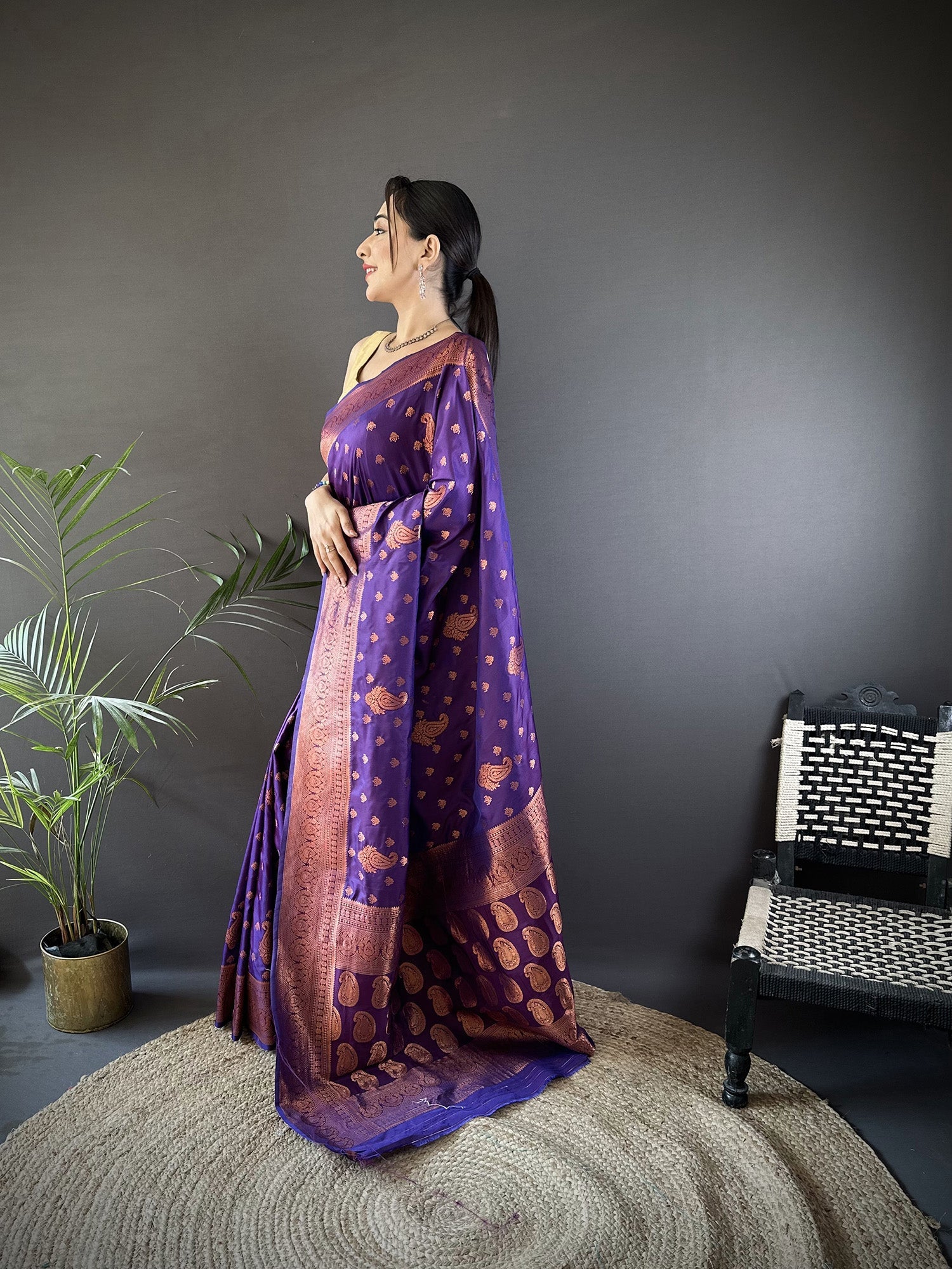 Elora Purple Soft Silk Woven Copper Zari Weaving Banarasi Saree With Contrast Blouse | Grocsy