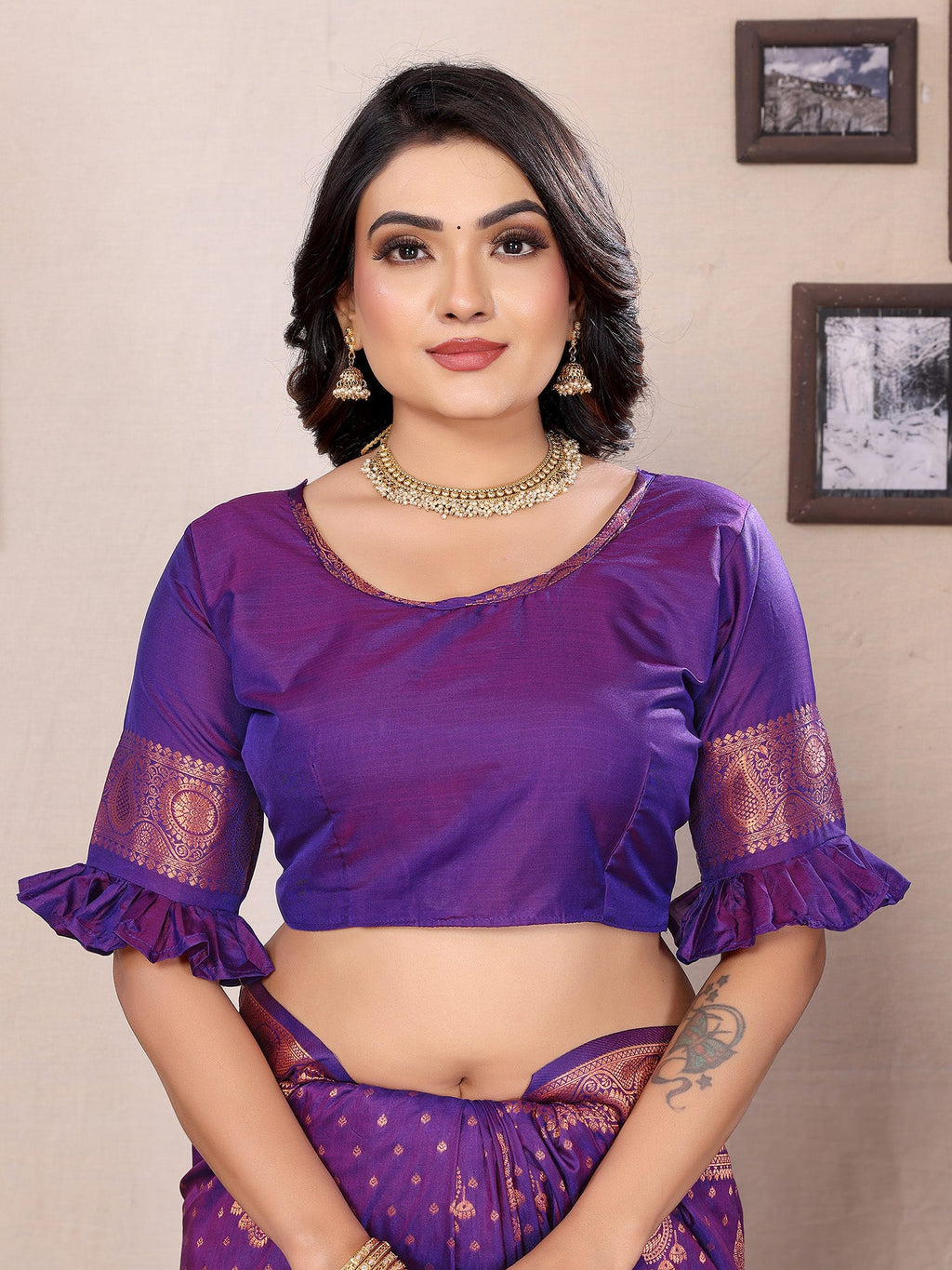 Elora Purple Soft Silk Woven Copper Zari Weaving Banarasi Saree With Contrast Blouse | Grocsy