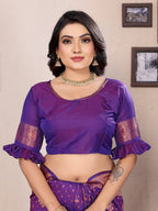 Elora Purple Soft Silk Woven Copper Zari Weaving Banarasi Saree With Contrast Blouse | Grocsy