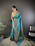 Elora Teal Green Soft Silk Woven Copper Zari Weaving Banarasi Saree With Contrast Blouse | Grocsy