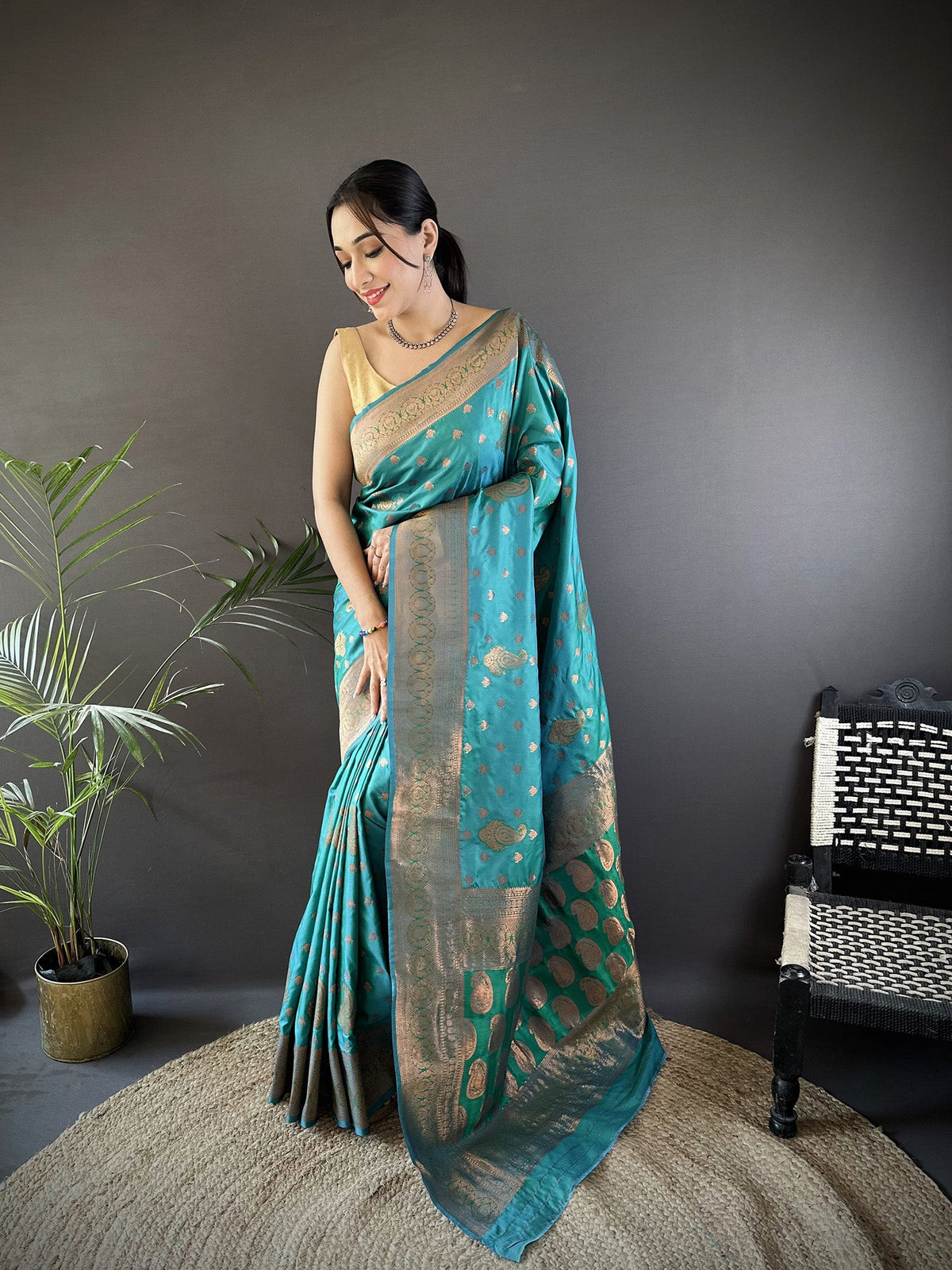 Elora Teal Green Soft Silk Woven Copper Zari Weaving Banarasi Saree With Contrast Blouse | Grocsy