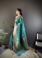 Elora Teal Green Soft Silk Woven Copper Zari Weaving Banarasi Saree With Contrast Blouse | Grocsy