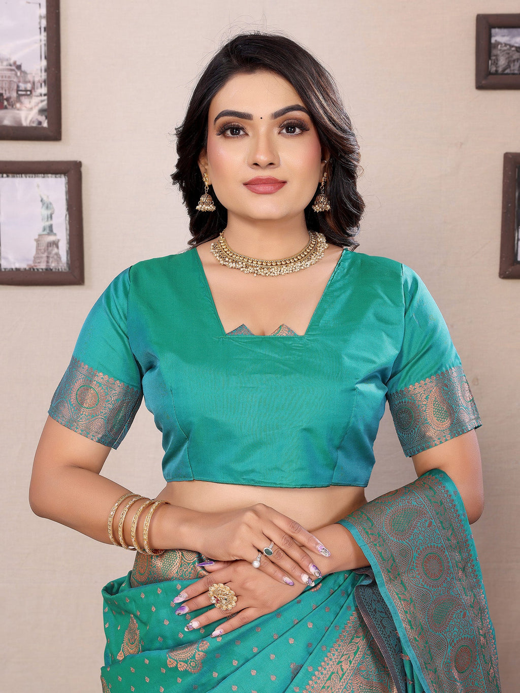 Elora Teal Green Soft Silk Woven Copper Zari Weaving Banarasi Saree With Contrast Blouse | Grocsy