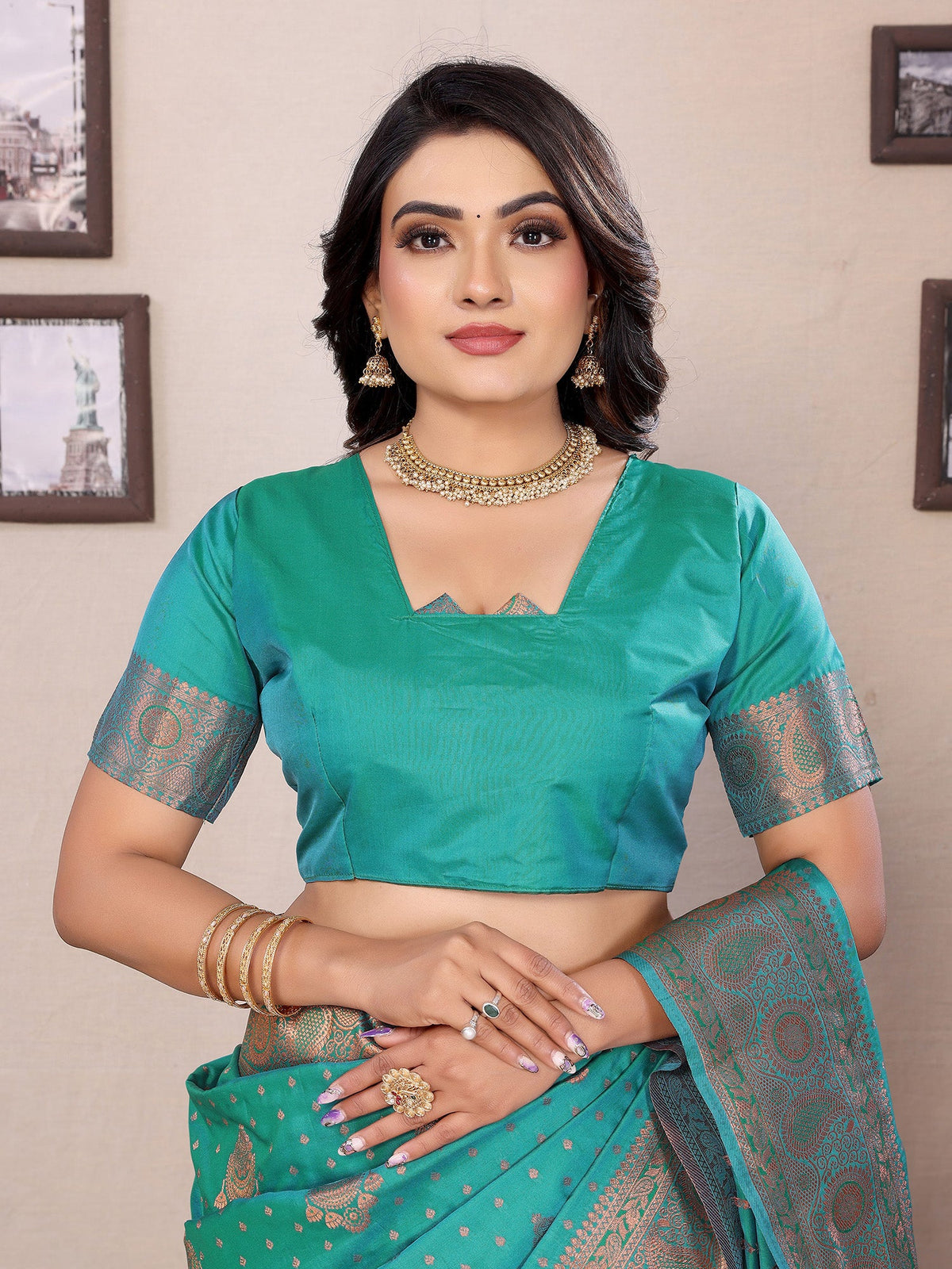 Elora Teal Green Soft Silk Woven Copper Zari Weaving Banarasi Saree With Contrast Blouse | Grocsy