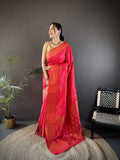 Elora Hot Pink Soft Silk Woven Copper Zari Weaving Banarasi Saree With Contrast Blouse | Grocsy