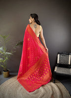Elora Hot Pink Soft Silk Woven Copper Zari Weaving Banarasi Saree With Contrast Blouse | Grocsy