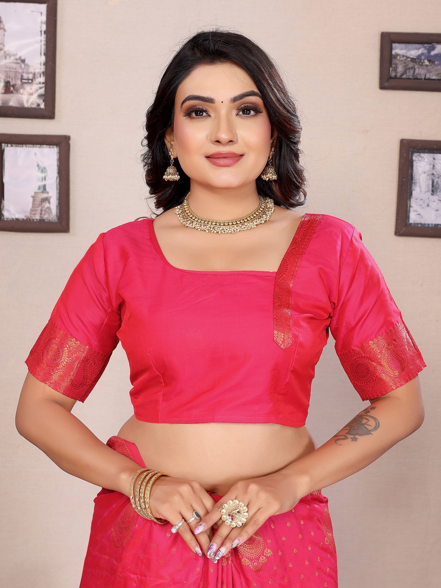 Elora Hot Pink Soft Silk Woven Copper Zari Weaving Banarasi Saree With Contrast Blouse | Grocsy