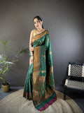 Elora Dark Green Soft Silk Woven Copper Zari Weaving Banarasi Saree With Contrast Blouse | Grocsy