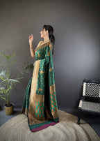 Elora Dark Green Soft Silk Woven Copper Zari Weaving Banarasi Saree With Contrast Blouse | Grocsy