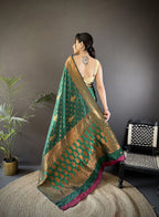 Elora Dark Green Soft Silk Woven Copper Zari Weaving Banarasi Saree With Contrast Blouse | Grocsy