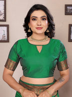 Elora Dark Green Soft Silk Woven Copper Zari Weaving Banarasi Saree With Contrast Blouse | Grocsy