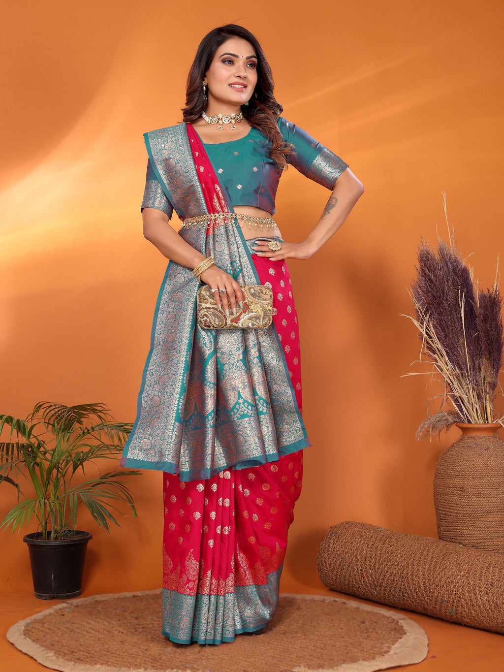 Elora Hot Pink Soft Silk Small Butti Zari Weaving With Heavy Zari Border Saree | Grocsy