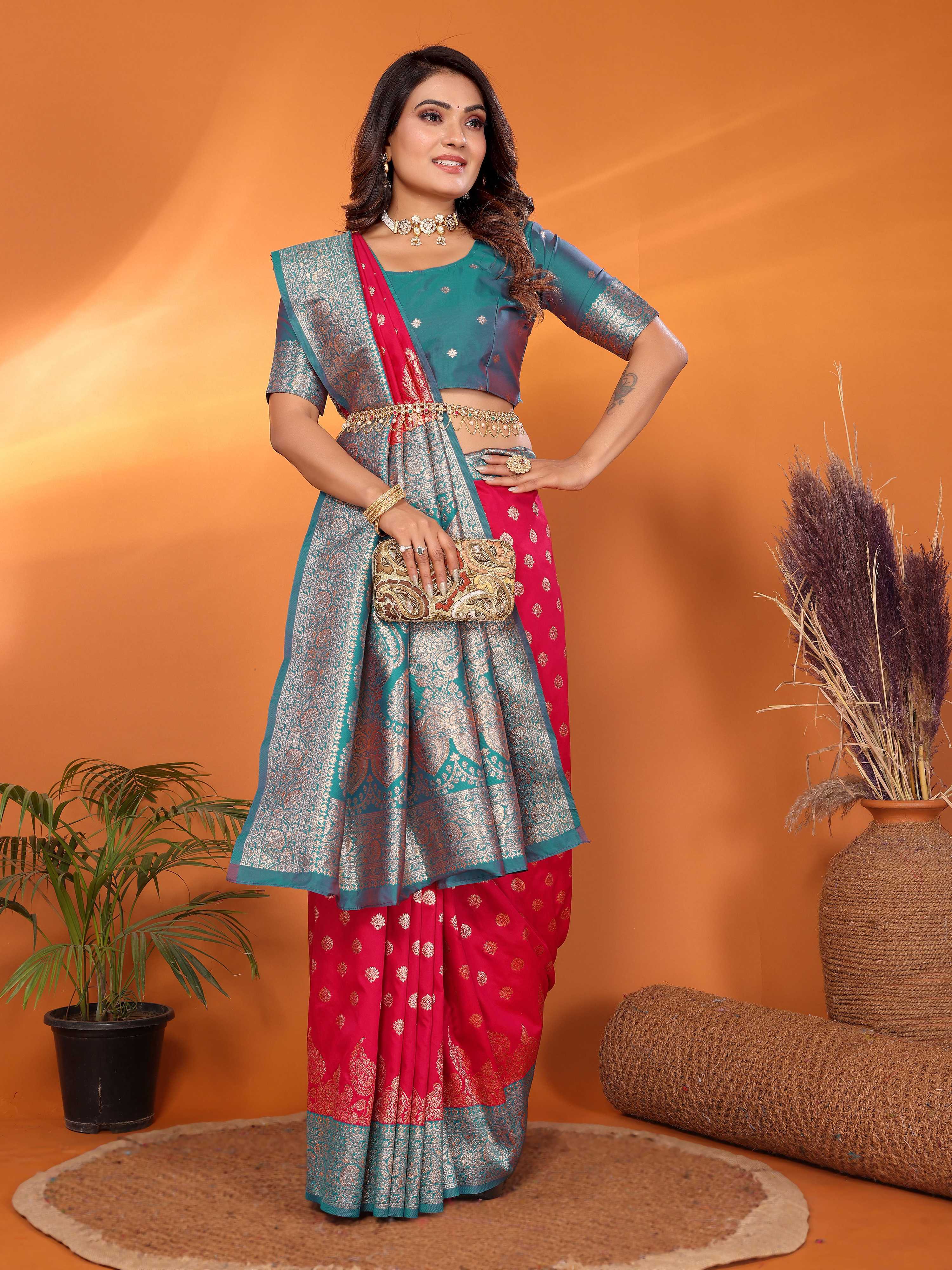 Elora Hot Pink Soft Silk Small Butti Zari Weaving With Heavy Zari Border Saree | Grocsy