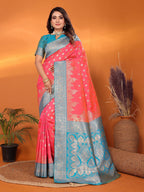 Elora Pink Soft Silk Small Butti Zari Weaving With Heavy Zari Border Saree | Grocsy