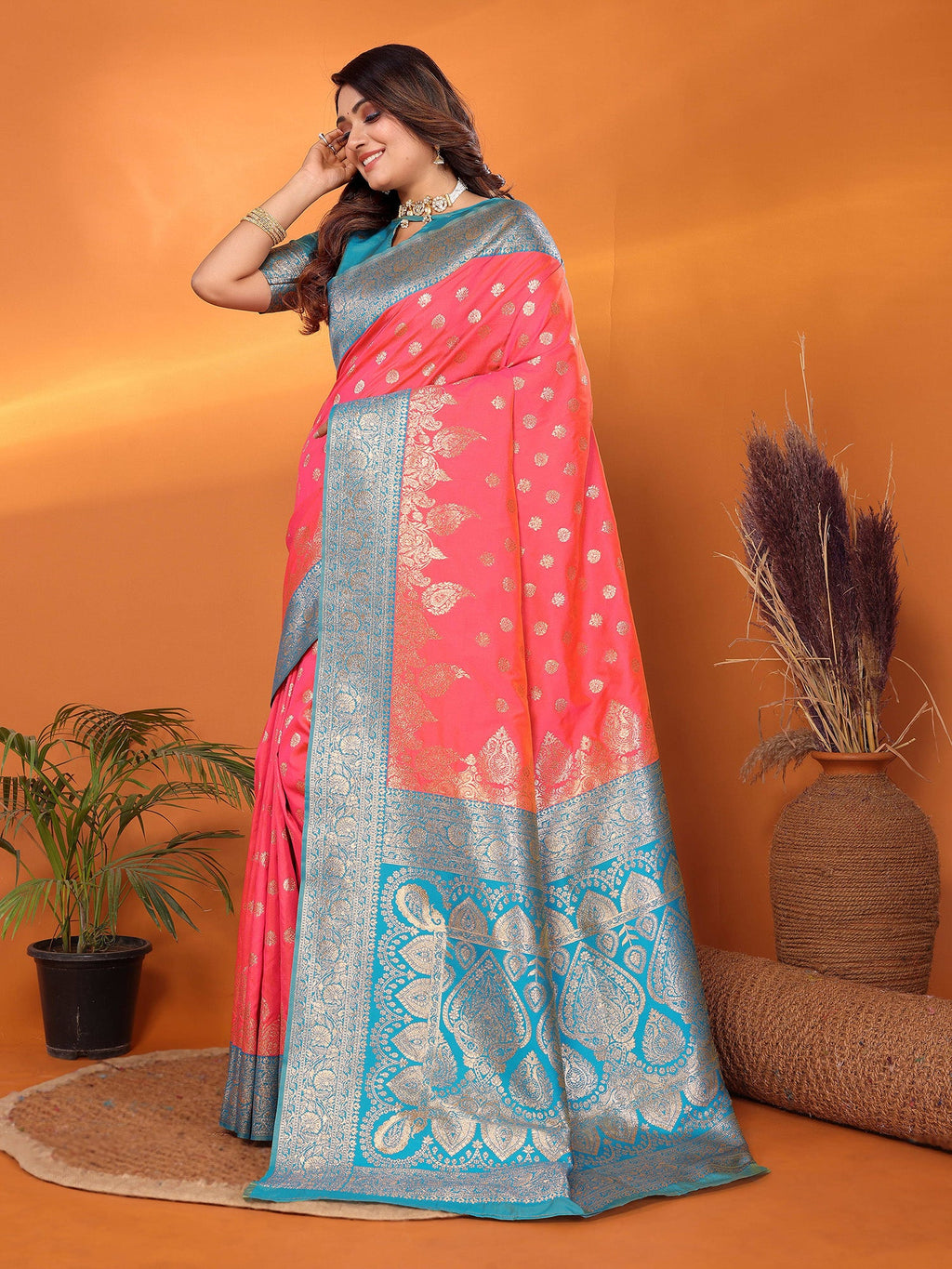 Elora Pink Soft Silk Small Butti Zari Weaving With Heavy Zari Border Saree | Grocsy