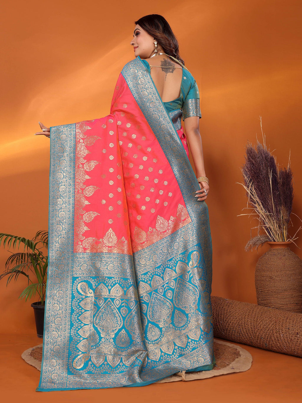 Elora Pink Soft Silk Small Butti Zari Weaving With Heavy Zari Border Saree | Grocsy