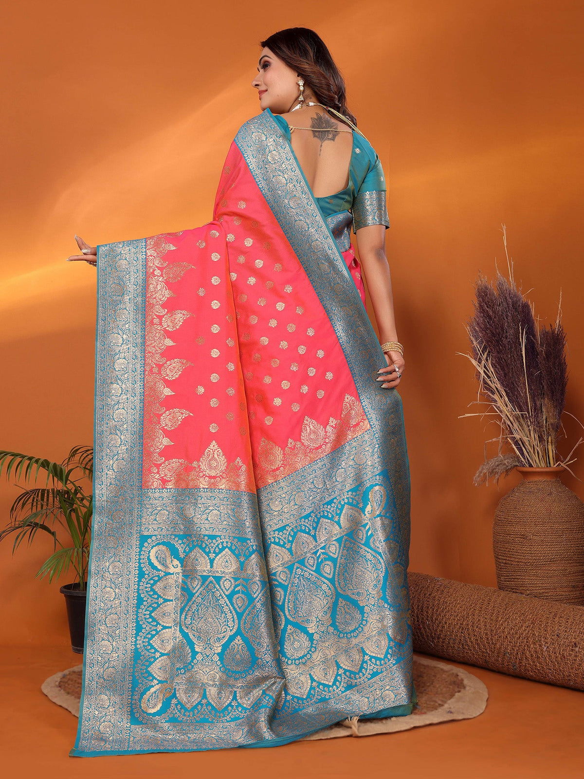Elora Pink Soft Silk Small Butti Zari Weaving With Heavy Zari Border Saree | Grocsy
