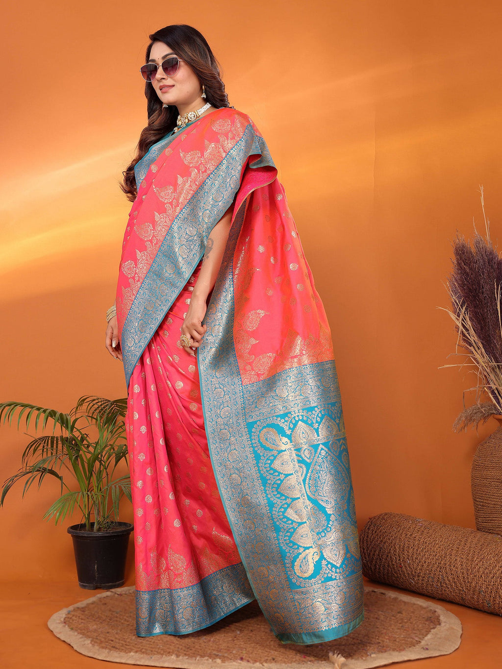 Elora Pink Soft Silk Small Butti Zari Weaving With Heavy Zari Border Saree | Grocsy