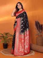 Elora Black Soft Silk Small Butti Zari Weaving With Heavy Zari Border Saree | Grocsy