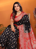 Elora Black Soft Silk Small Butti Zari Weaving With Heavy Zari Border Saree | Grocsy