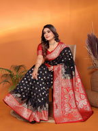Elora Black Soft Silk Small Butti Zari Weaving With Heavy Zari Border Saree | Grocsy