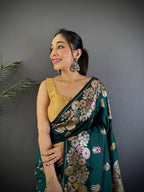Elora Dark Green Soft Silk Floral Zari Weaving Meenakari Saree With Floral Border | Grocsy