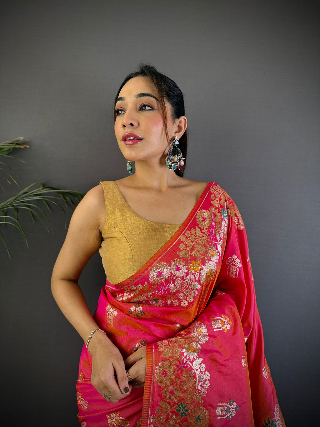 Elora Hot Pink Soft Silk Floral Zari Weaving Meenakari Saree With Floral Border | Grocsy