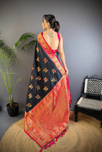 Elora Black Soft Silk Floral Butta Zari Weaving Banarasi With Peacock Zari Weaving Border | Grocsy