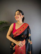 Elora Black Soft Silk Floral Butta Zari Weaving Banarasi With Peacock Zari Weaving Border | Grocsy