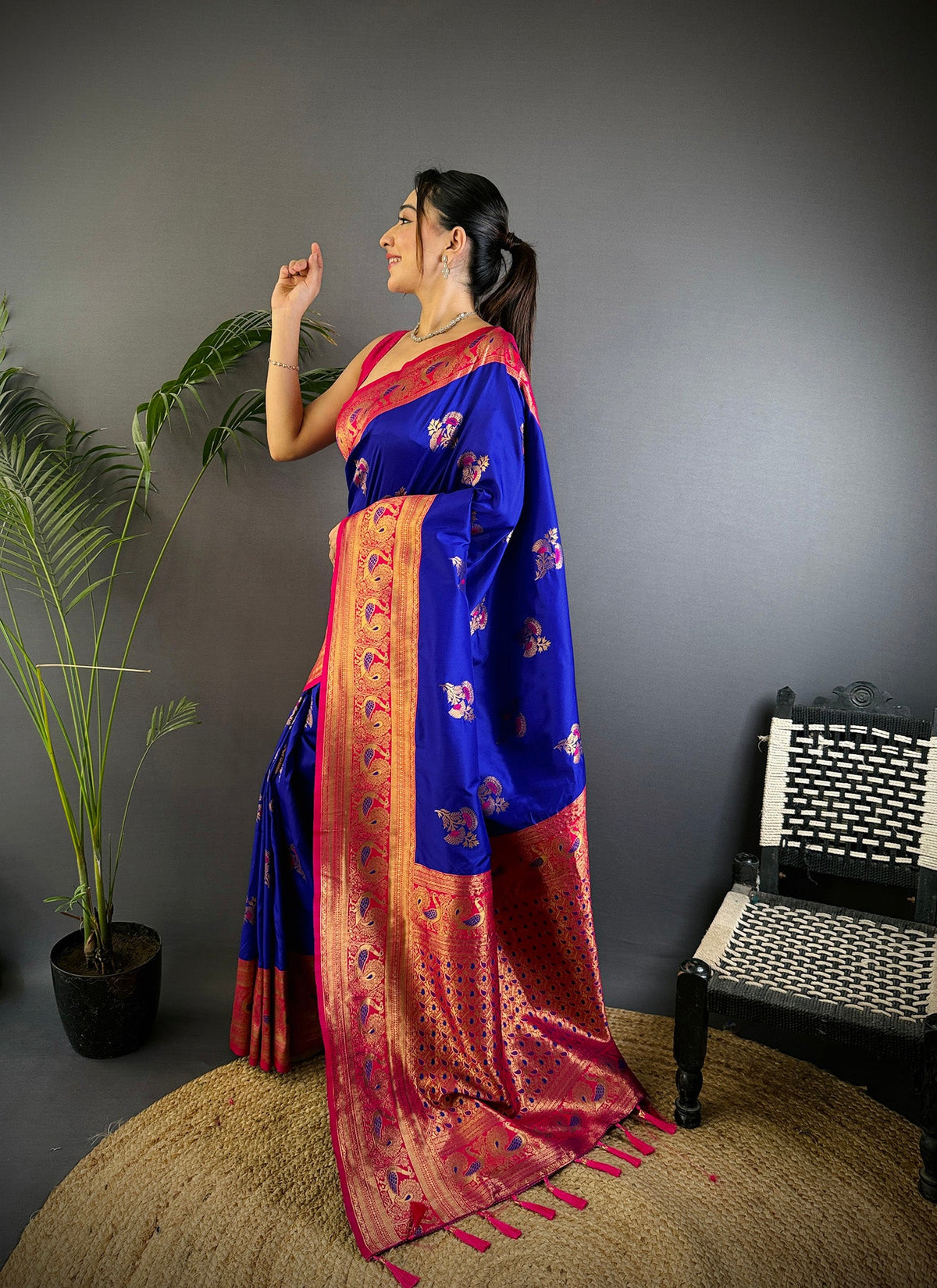 Elora Royal Blue Soft Silk Floral Butta Zari Weaving Banarasi With Peacock Zari Weaving Border | Grocsy