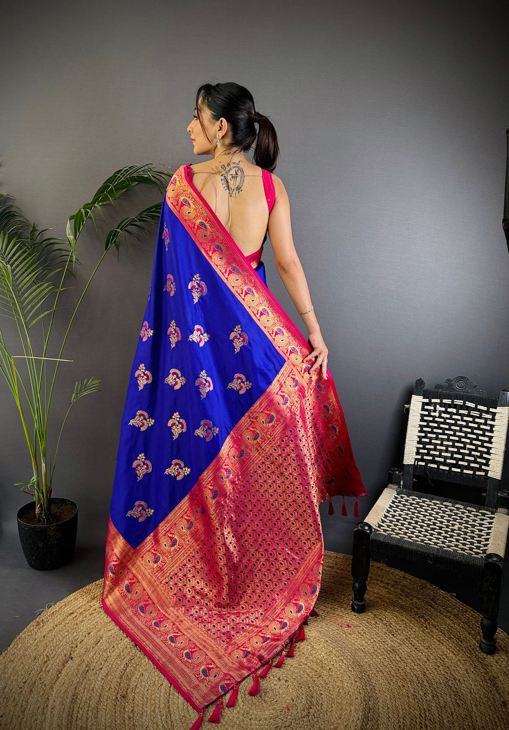 Elora Royal Blue Soft Silk Floral Butta Zari Weaving Banarasi With Peacock Zari Weaving Border | Grocsy
