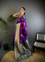 Elora Magenta Soft Silk Floral Butta Zari Weaving Banarasi With Peacock Zari Weaving Border | Grocsy