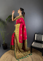 Elora Red Soft Silk Floral Butta Zari Weaving Banarasi With Peacock Zari Weaving Border | Grocsy