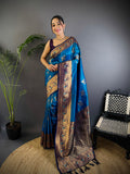 Elora Royal Blue Soft Silk Floral Butta Zari Weaving Banarasi With Peacock Zari Weaving Border | Grocsy