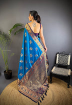 Elora Royal Blue Soft Silk Floral Butta Zari Weaving Banarasi With Peacock Zari Weaving Border | Grocsy